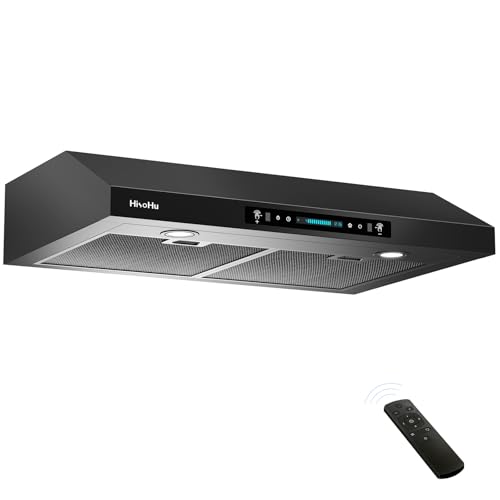Image of HisoHu 30 Inch Under Ducted Cabinet Range Hood with 1200 CFM, 4 Speed Gesture Sensing Kitchen Exhaust Hood & Touch Control Panel, Stainless Steel Stove Vent Hood with 2 LED Lights（Black）