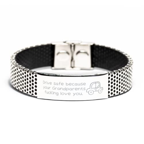 Drive Safe, I Love You Stainless Steel Mesh Bracelet. Gift from Grandparents. New Driver Gift from Grandparents for Grandson, Granddaughter