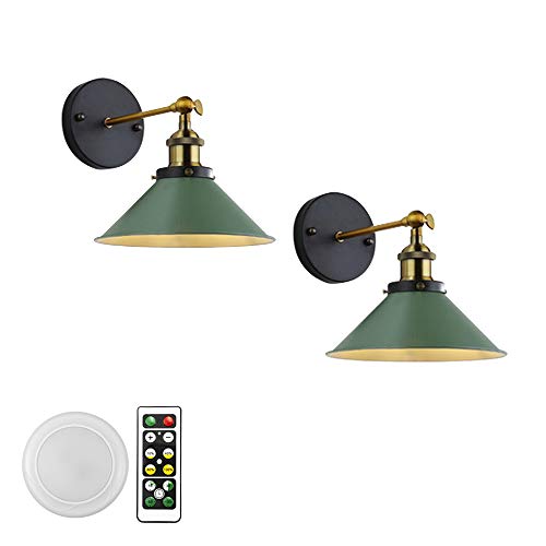 KAYYELAMP 2-Lights 100 Lumens Led Remote Control Battery Run Cordless Lamp Dark Green Wall Sconce Light Fixture for Bedroom Bathroom Wall Decor- Easy Installation, Dimmable,Battery Not Included