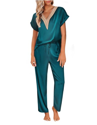 Ekouaer Silk Pajamas Set Womens Lace V Neck Loungewear Short Sleeve Satin Shirt with Long Pant Silky Pjs
