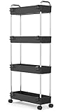 Slim Storage Cart, 4 Tier Mobile Shelving Unit Organizer, Utility Rolling Shelf Cart with Wheels, Slide Out Storage Shelves Cart for Kitchen, Living Room, Bathroom, Laundry Room (Black)