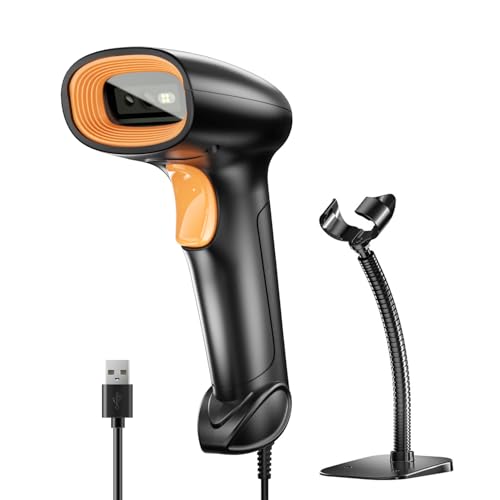 Image of HIROBOT QR /2D /1D Barcode Scanner with Stand, Wired Handheld Barcode Reader Compatible with QR Code & Barcode, Camera Button Scan /Induction and Continuous Automatic Scan (BlackOrange)