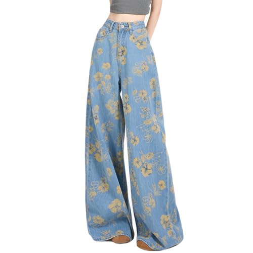Fashion Casual Women's Jeans High Waisted Y2K Vintage Cute Floral Printed Streetwear Baggy Denim Pants
