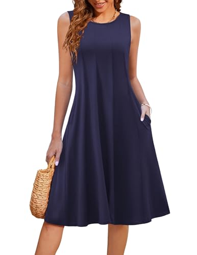 Image of HOTOUCH Summer Casual Dresses for Women Sleeveless Midi Dress Swing Tank Sundress Pleated Tshirt Dress with Pockets