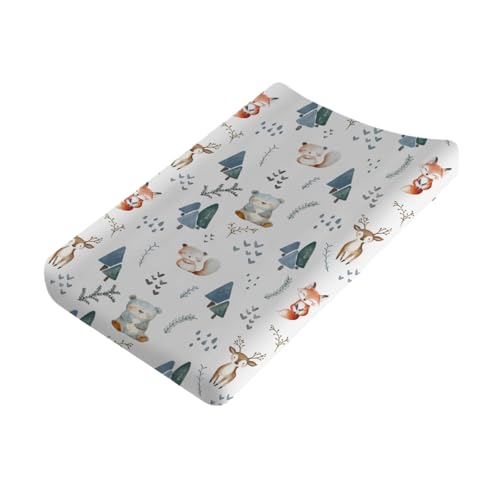 Boho Woodland Animals Trees Baby Changing Pad Covers Boy Girl 32''x16'' Cute Bear Fox Deer Squirrel Leaves Forest Fitted Diaper Change Table Sheets Woodland Baby Gift Soft Breathable Change Table Mat