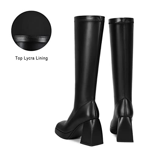 DOBOYG Knee High Boots Women Platform Chunky Block Heel Stretchy Square Toe Tall Patent Leather Long Boots3