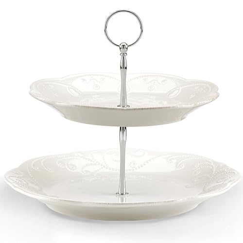 Lenox 2-Tier Serving Tray, French Perle White Two Tiered Tray Stand, Dessert Stands, Tiered Display with Round Plates, Christmas Hosting Essentials, Serving Dishes, Cupcake Stand (White 9-inch Height)