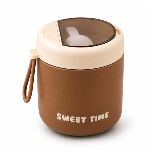 Image of Portable Food Container 430ml with Spoon | Silicone Sealed Lid & Pressure Release Vent | Compact Lunch Pot with Carry Loop for Snacks Meals Office School & Travel - Coffee
