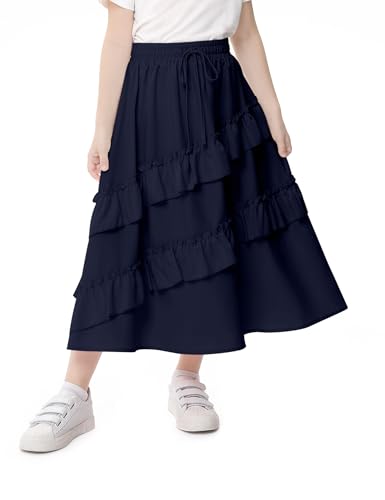 Image of Girls High Waisted Ruffle Maxi Skirt Soft Cotton Long Skirts with Elastic Waistband for Kid Girl 3-12 Years