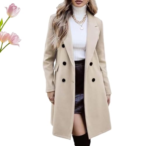 Kirposh Manteaux en laine for femmes, vestes suit jacket élégantes et cintrées à double boutonnage, trench-coat long et chaud à col cranté et poches(Beige,XL)