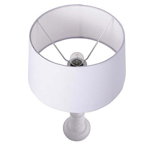 Image of Homesake Handcrafted Wooden Table Lamp for Bedroom & Living Room | Decorative Bedside Reading Lamp with Fabric Shade, E27 Holder | Bulb Included | White Floral Carved Base for Home Decor, White Drum