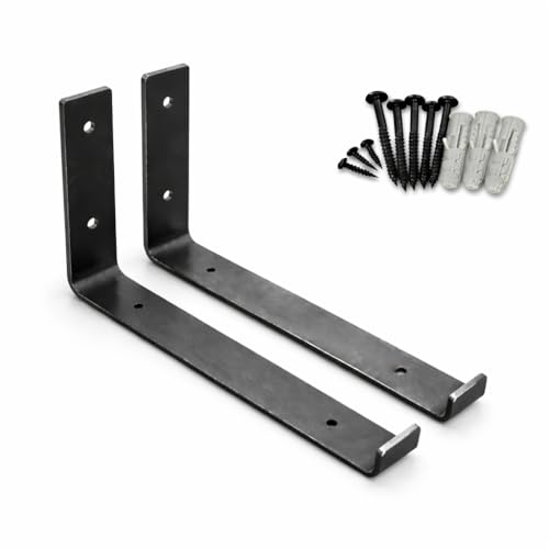 MKGT Set of 2 Heavy Duty Steel Shelf Brackets for Scaffold Board Shelving, 225mm Wall Mounted Rustic Industrial Supports, Raw Steel