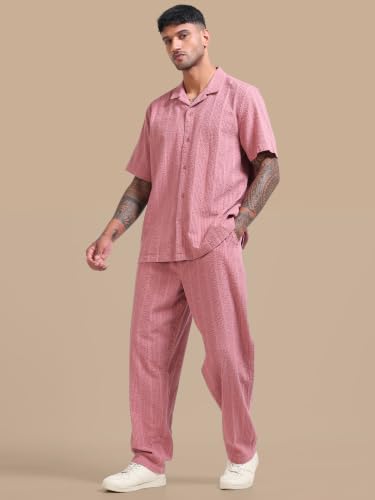 Image of StitchX Men's Airport Look Textured Seersucker Resort Cotton Shirt & Trouser Co-Ord Set S-2XL