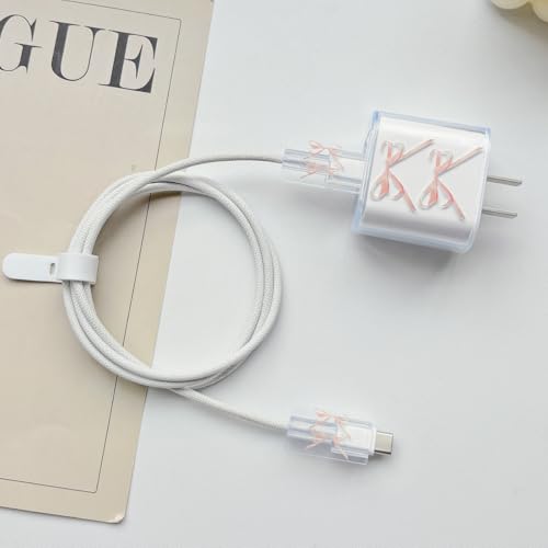 Protector de cargador iPhone lazo rosa funda transparente para cable tipo C de 20W 4