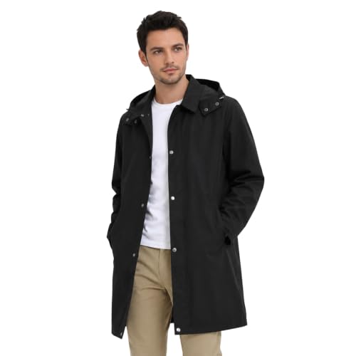Allthemen Mens Trench Coat Casual Windbreaker Overcoat Lapel Mid Length Jacket with Removable Hood Black M