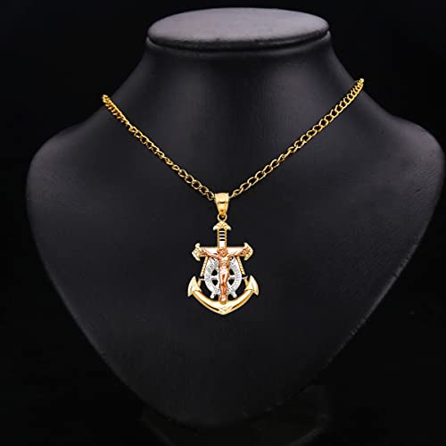 14K Tri Color Gold Jesus Crucifix Anchor Religious Pendant - Crucifix Charm Polish Finish - Handmade Spiritual Symbol - Gold Stamped Fine Jewelry - Great Gift for Men & Women for Occasions, 26 x 18 mm, 2.0 gms2
