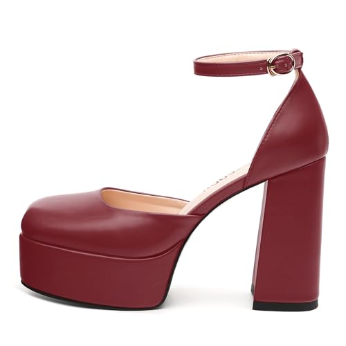 SKYSTERRY Women's Platform Heels 4.3-Inch High Block Chunky Square Closed Toe Pumps Ankle Strap Matte Dress Wedding Party Shoes2
