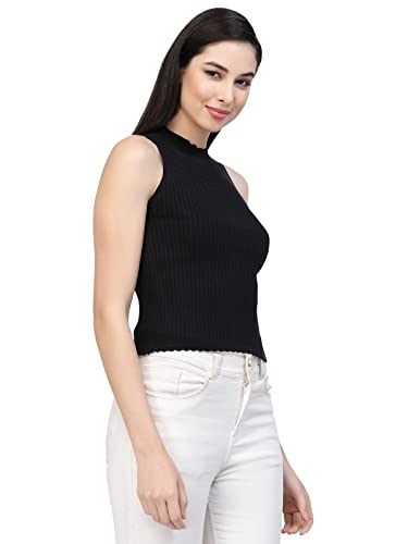 Image of Kalt Womens Knitted, Ribbed Cotton Fitted Sleeveless Round Neck Cami Tank Top