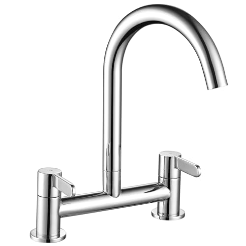 Peppermint Kitchen Mixer Taps 2 Hole Bridge Mixer Tap Kitchen Sink Chrome Dual Lever 180MM Taps Mixers Two Hole Deck Mounted Traditional Brass Faucet 360 Swivel Spout