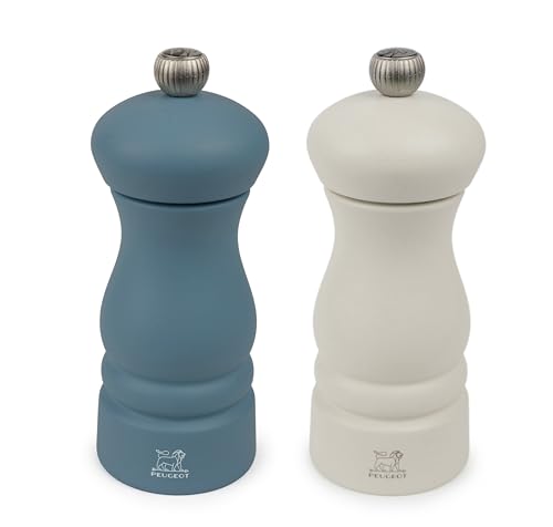 PEUGEOT - Duo de Moulin à Poivre + Moulin à Sel Clermont 13 cm - Fabrication Française - Bois Naturel - Coloris Bleu Céleste & Blanc
