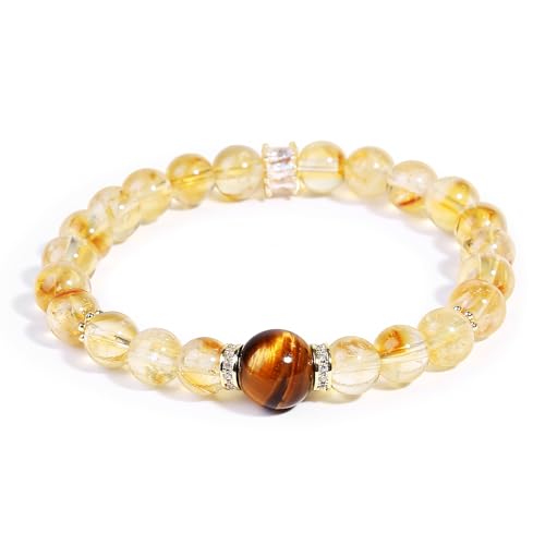 Magiriam Citrine Crystal & Tigers Eye Stretch Bracelet with Zircon Inlay | 17CM Comfortable Elastic Fit | Healing Gemstone Bracelet Single Circle-Gift for Women Lady and Friends