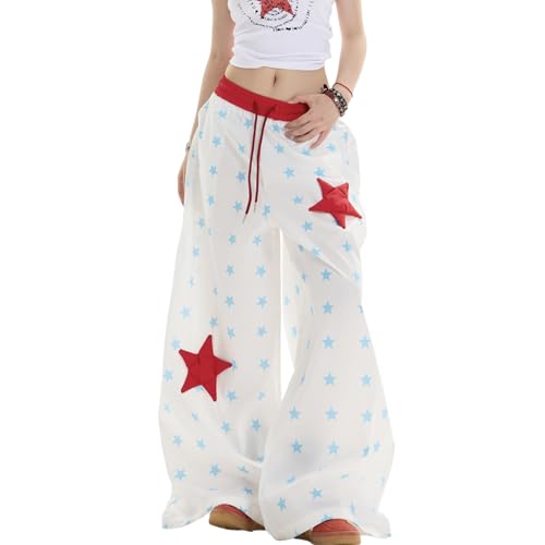 Women's Baggy Cargo Pants High Waist Y2K Parachute with Retro Star Print Drawstring Loose Wide Leg Casual Track Pants4