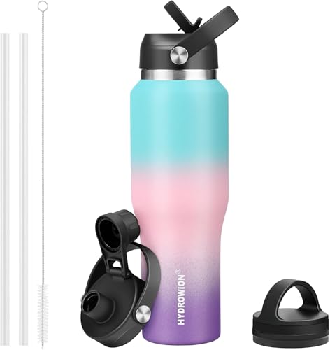 Image of 40 oz Insulated Water Bottle with Straw fit in Car Cup Holder(Cold 48 hrs, Hot 24 hrs) Drinking Bottle with Straw Lid, Spout Lid and Flex Cap Leakproof Travel Thermo Mug,Mint - Pink - Purple