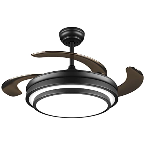 42 inch Dimmable Retractable Ceiling Fan Light Color Temperature 500K-6500K Modern Ceiling Fan 6 Speed Forward and Reverse Ceiling Fan with Lights Retractable Blade Chandelier Ceiling Fan for Bedroom Living Room
