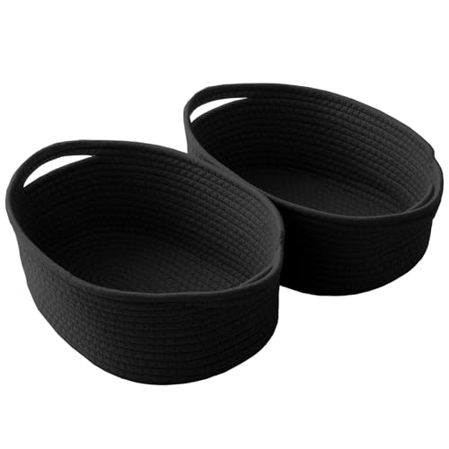 Image of JMvicyroam Small Woven Basket, Empty Gift Basket, Black /2 Pack | Small Gift Basket, Cotton Rope, 12 x 8 x 25 in, Handles, Includes Ribbon and Bag, Birthday Gift Basket