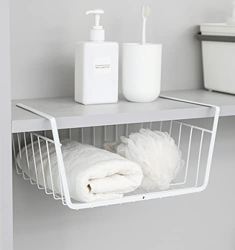 Image of Wolpin Shelf Basket Multifunctional Storage Basket Kitchen Bathroom Storage Rack Under Cabinet Storage Organizer Basket Wire Rack Powder Coated Iron (White, Pack of 1, Hanging Shelves)