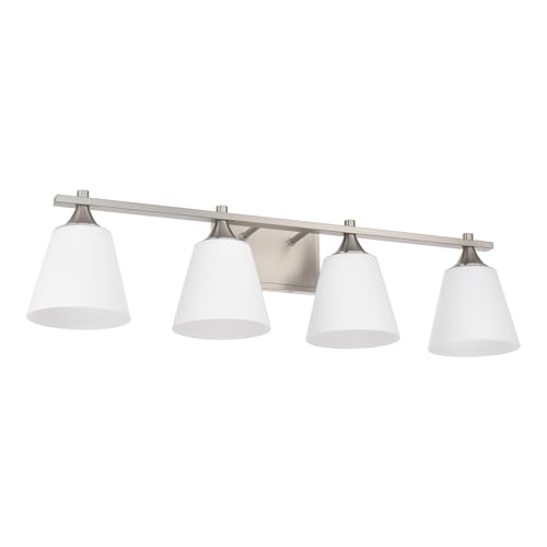 Image of Bathroom Vanity Light Fixtures, American Traditional Brushed Nickel 4 Lights Vanity Lighting Fixture with Opal Glass Shade, Porch Wall Mount Light Fixture for Bathroom, Mirror Cabinets Hallway Stairs