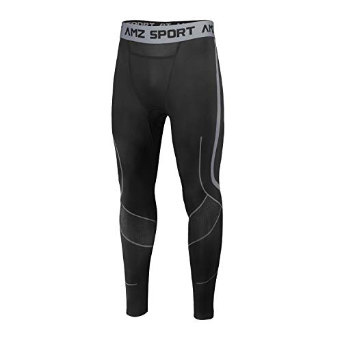 AMZSPORT Pantalones de Compresion Hombre Deporte Mallas Running de Secado Rápido, Negro XL