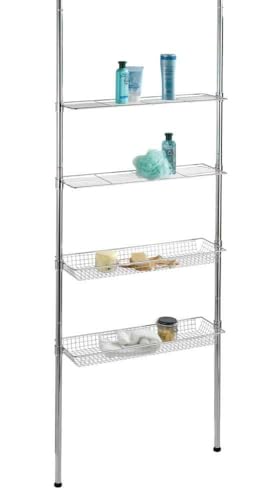 WENKO Étagère télescopique Ellera Extensible, 2 tablettes, 2 corbeilles Chromé