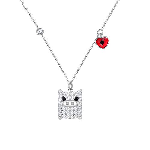 Pendentif cochon en cristal et coeur rouge avec chaîne de clavicule pour femme