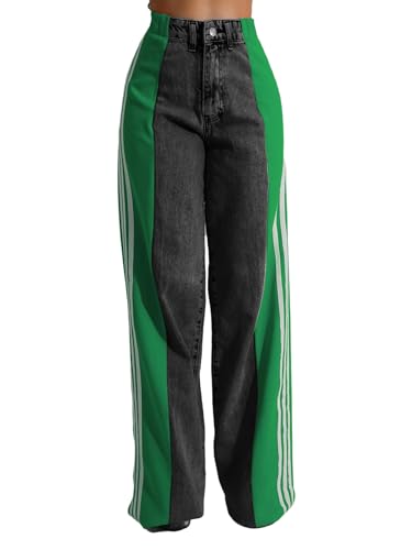 Women’s Jeans with Patchwork Stripes,High Waisted Straight Stretchy Loose Color Block Wide Leg Denim Pants (Black Green,Large)