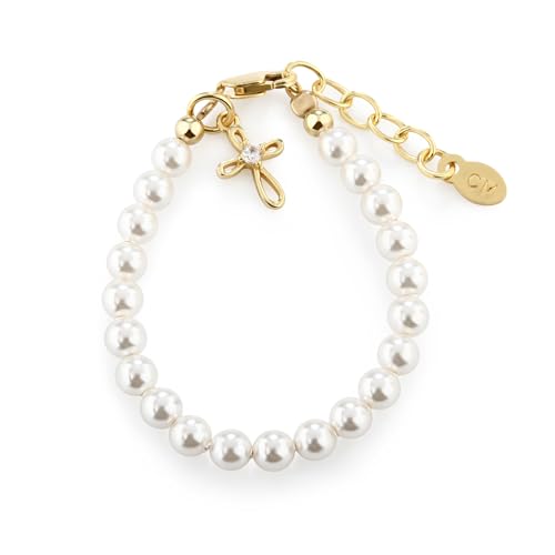 Children's 14K Gold Plated or Sterling Silver Cross Bracelet with Simulated Pearls for Girls First Communion, Baptism, Christening or Dedication Gift