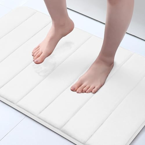 OLANLY Memory Foam Soft Bath Mats Non-Slip Absorbent Bathroom Rugs Rubber Back Runner Mat for Kitchen Bathroom Floors 16" x 24", White