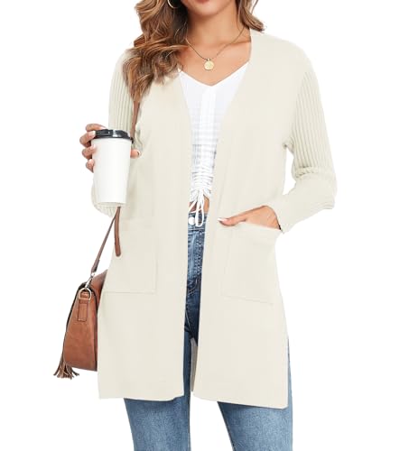 Women's Cardigan Sweaters V-Neck Long Sleeves with Two Pockets Side Split Hem Open Front Knit Casual Cardigan