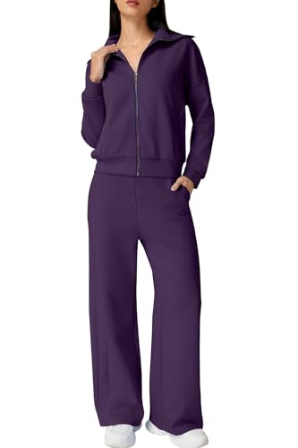 QINSEN Two Piece Lounge Sets for Women Full Zip Lapel Jacket Full Length Sweatpants Matching Tracksuit Purple S