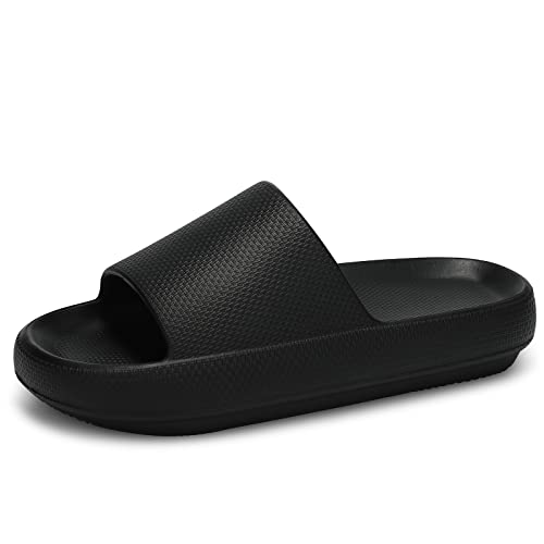 welltree Cloud Slides for Women Men Pillow Slippers Non-Slip Bathroom Shower Sandals Soft Thick Sole Indoor and Outdoor Slides,Black,9-10 Women 7.5-8.5 Men