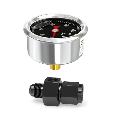 Image of MEANLIN MEASURE 0~100Psi Black Stainless Steel Glycerin Filled Pressure Gauge 1 /8 inch NPT 1.5 inch FACE DIAL, with 6AN Pressure Take Off Fitting, Liquid Filled Pressure Gauge WOG Water Oil Air Back Mount