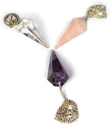 Rose Quartz Dowser - Clear Quartz Dowser - Amethyst 6 Faceted Dowser Combo Pack of 3 Dowser Pendulum for Reiki Healing Dowsing Reiki Healing and Crystal Healing Stones