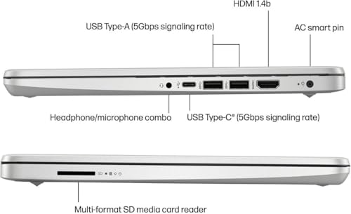Image of HP 14 inch HD Student Business Laptop, Intel Quad-Core N4120, 8GB RAM, 384GB Storage, (128GB eMMC+256GB SD Card), 1 Year Office 365, Slim Design, Webcam, HDMI, Bluetooth, WiFi, Win 11 S, Silver