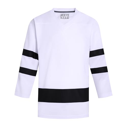 Image of Pullonsy Blank Men's Ice Hockey Jerseys for Adult Unisex Authentic Team Game Shirts Long Sleeve Sports Fan Tops, White Jersey-black Stripe, 3XL