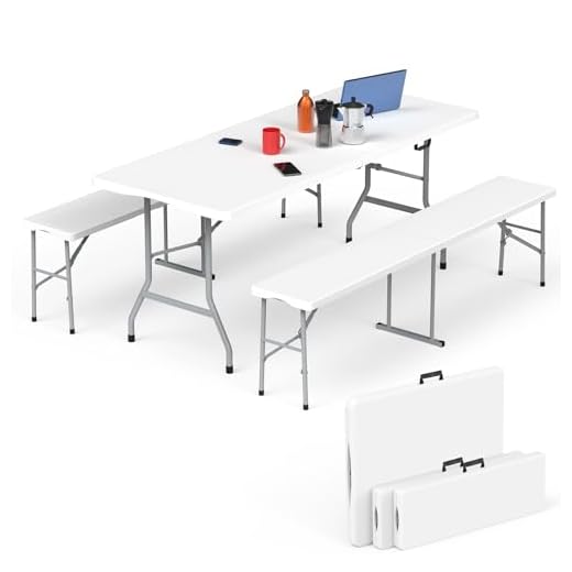 HLPB Folding Table Picnic Table Set, 6 ft Camping Table with 2 Benches, Outdoor Indoor Portable Folding Furniture for Working Meeting Party, Camping, Picnic, Weddings w/Handle and Safety Locks, White