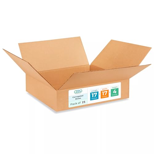 Medium Shipping &amp; Moving Boxes 17"L x 17"W x 4"H (25-Pack) - Extra Strength 200 lb vs Regular - Corrugated Packing Boxes for USPS/UPS/FEDEX - Heavy Duty Moving Box - Carton Box by IDL Packaging
