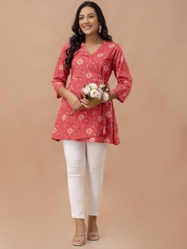 Image of feranoid Floral Print Angrakha 3 Sleeves Flared Kurti