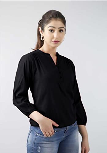 Image of Himanshi Enterprises Women's 3 /4 Sleeves Mandarin Nack Rayon Casual Solid Short Kurti