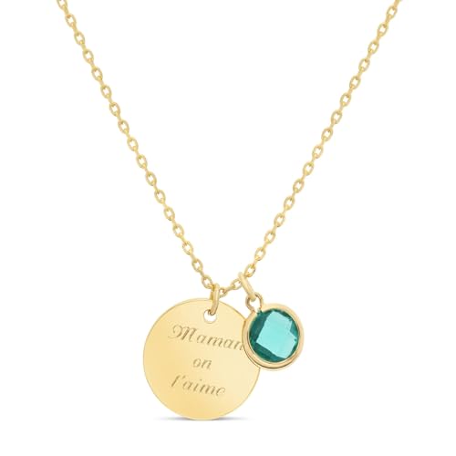 Collier personnalisé médaille martelée plaqué or et pierre fine