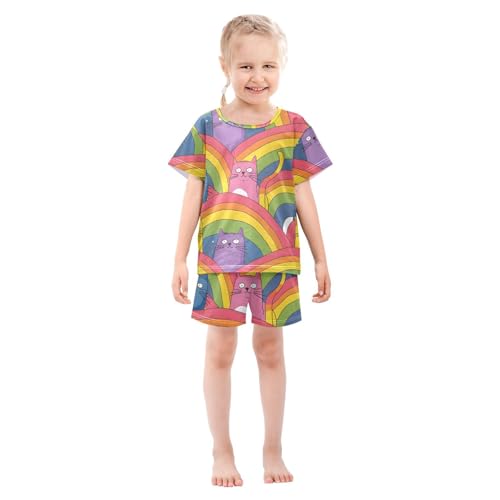 ALAZA Cat Rainbow Cartoon Pajamas Short Sleeve 2 Piece Sleepwear Top and Bottom Pajama Set Unisex3
